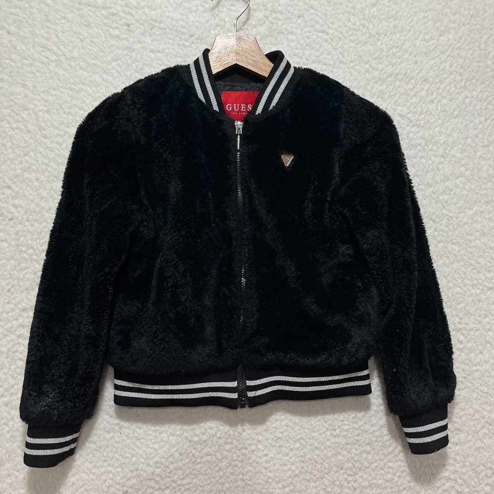 Guess Girls Sz 10 Black Faux Fur Allover Full Zip Lined Varsity Jacket Logo